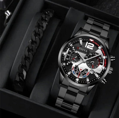 2pcs Men's Quartz Watch Bracelet Set