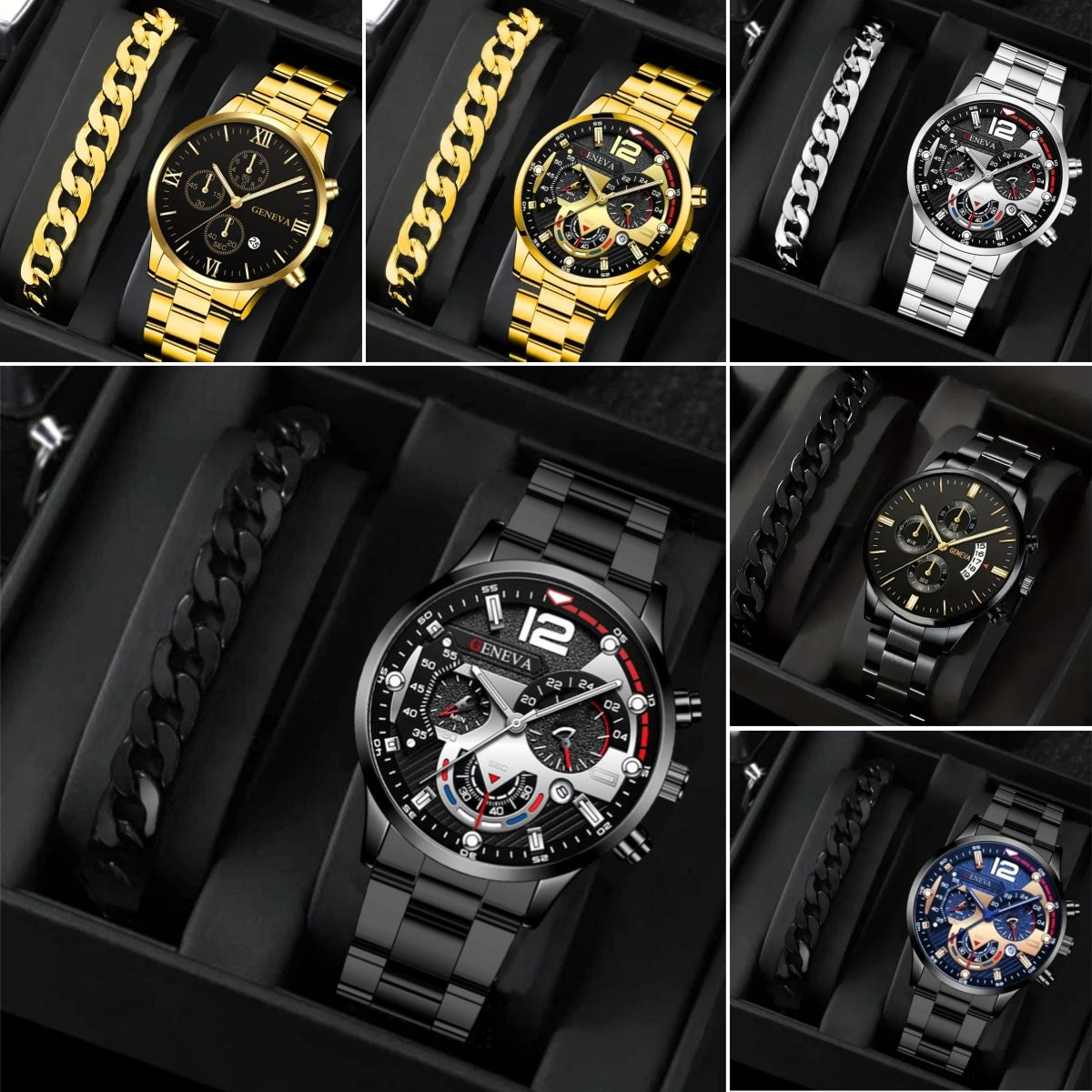 2pcs Men's Quartz Watch Bracelet Set