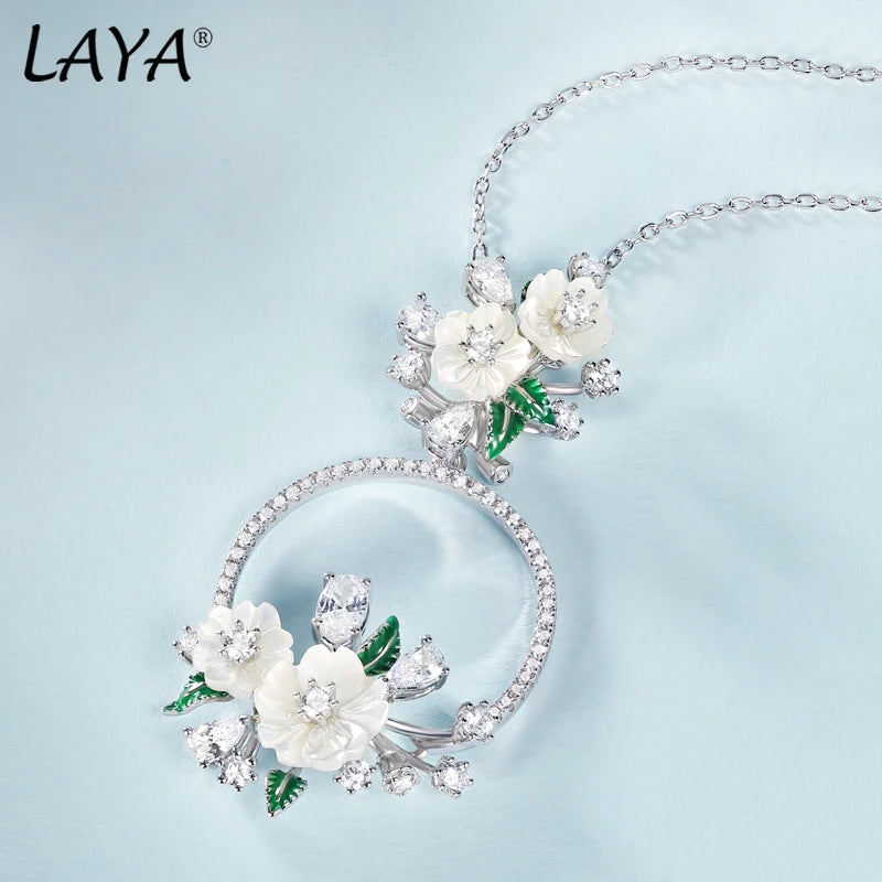 LAYA 925 Sterling Silver Fashion Natural Shell Flower Green Leaf