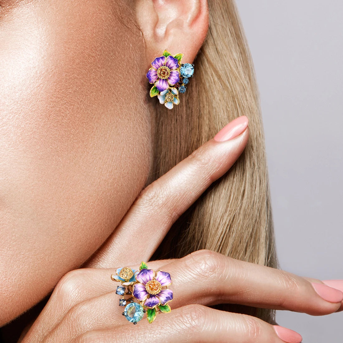 SANTUZZA 925 Sterling Silver Jewelry SetPurple Flower