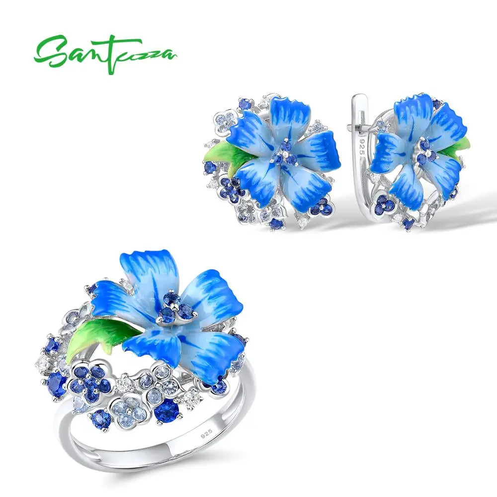 SANTUZZA 925 Silver Jewelry Set  Blue Flower