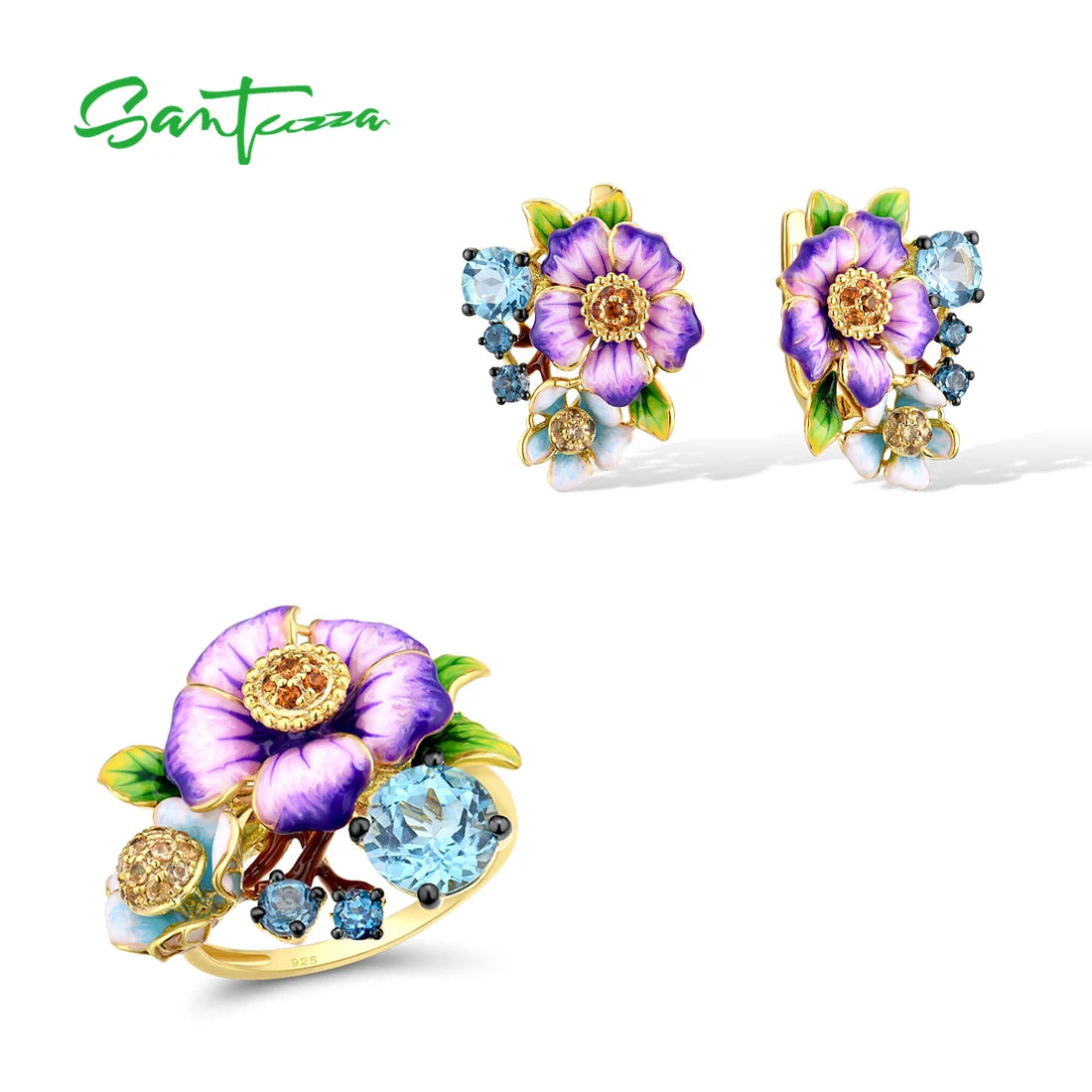 SANTUZZA 925 Sterling Silver Jewelry SetPurple Flower