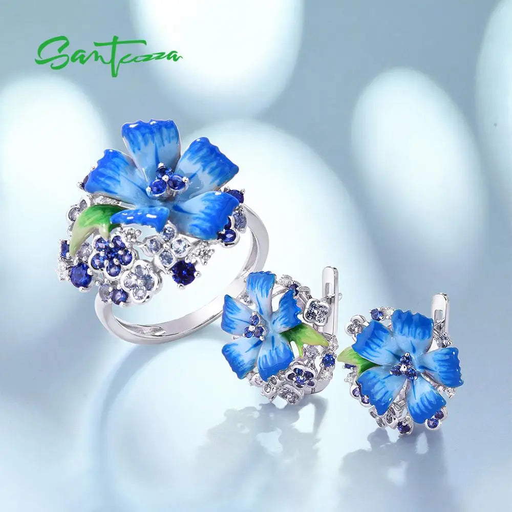 SANTUZZA 925 Silver Jewelry Set  Blue Flower