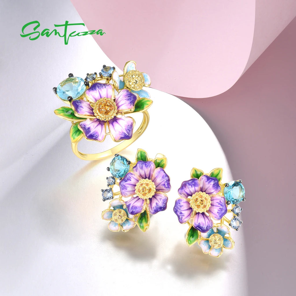 SANTUZZA 925 Sterling Silver Jewelry SetPurple Flower