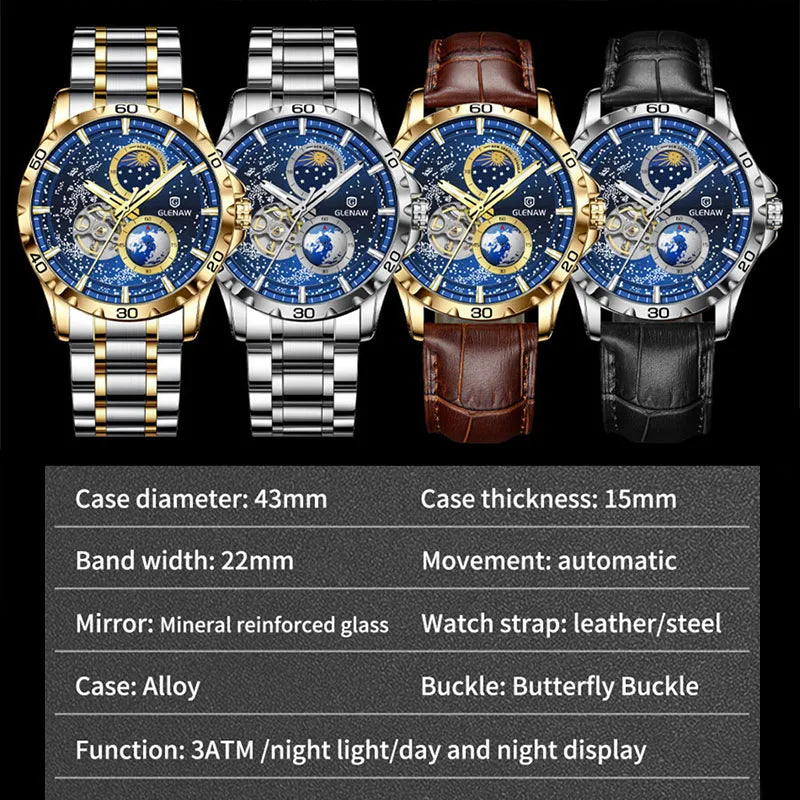 GLENAW Rotating Earth WristWatch Men