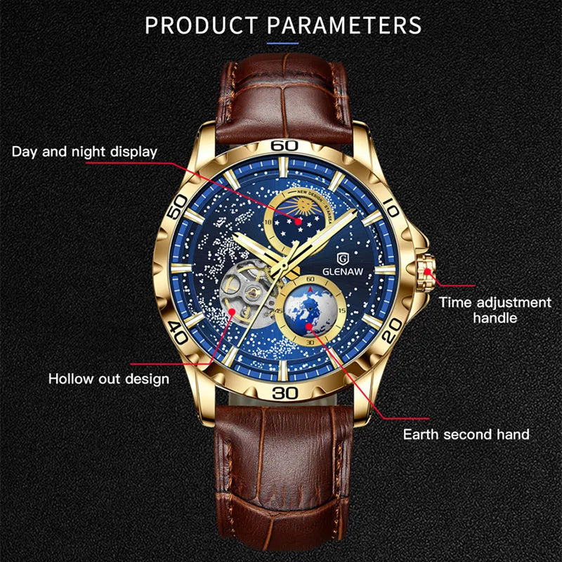 GLENAW Rotating Earth WristWatch Men