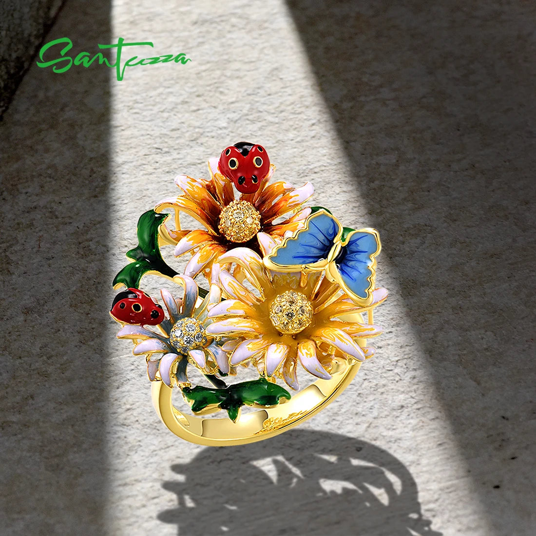 SANTUZZA 925 Sterling Silver Rings For Women Champagne Yellow