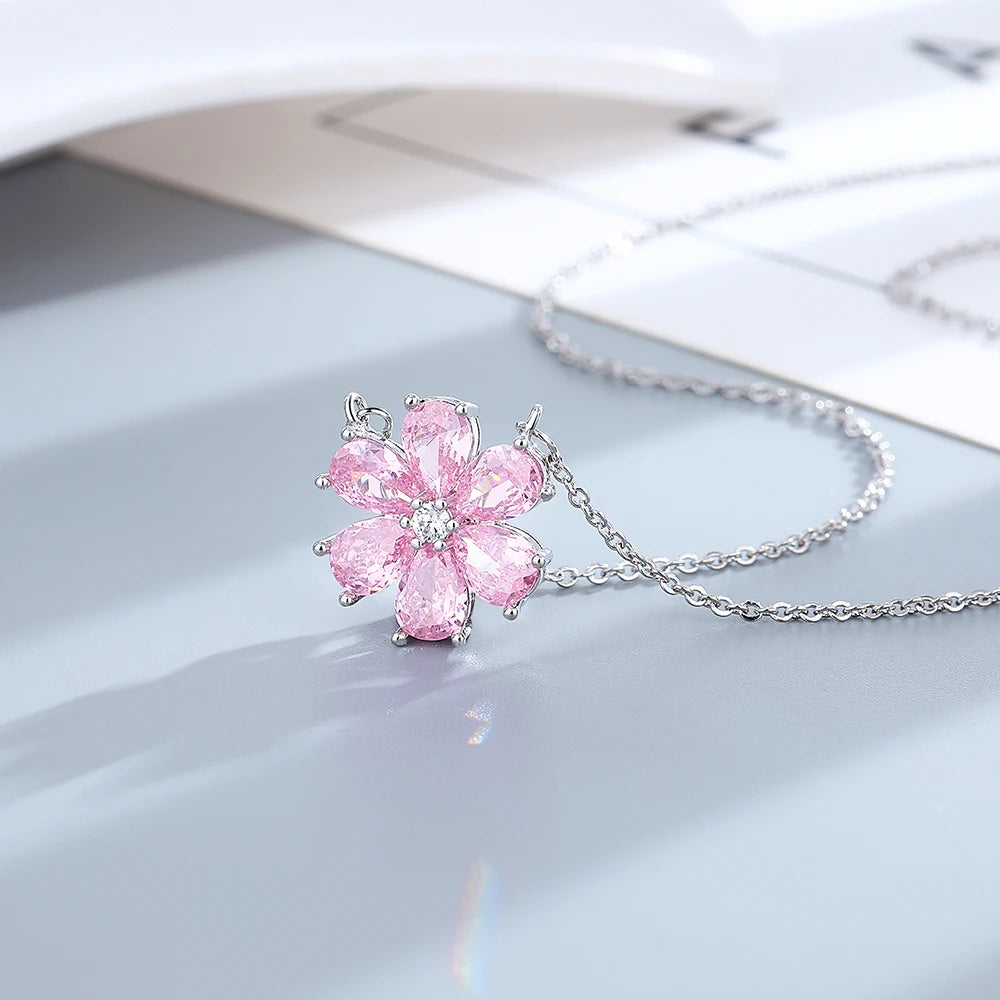 S925 Silver Wedding Ring Women Pink Flower
