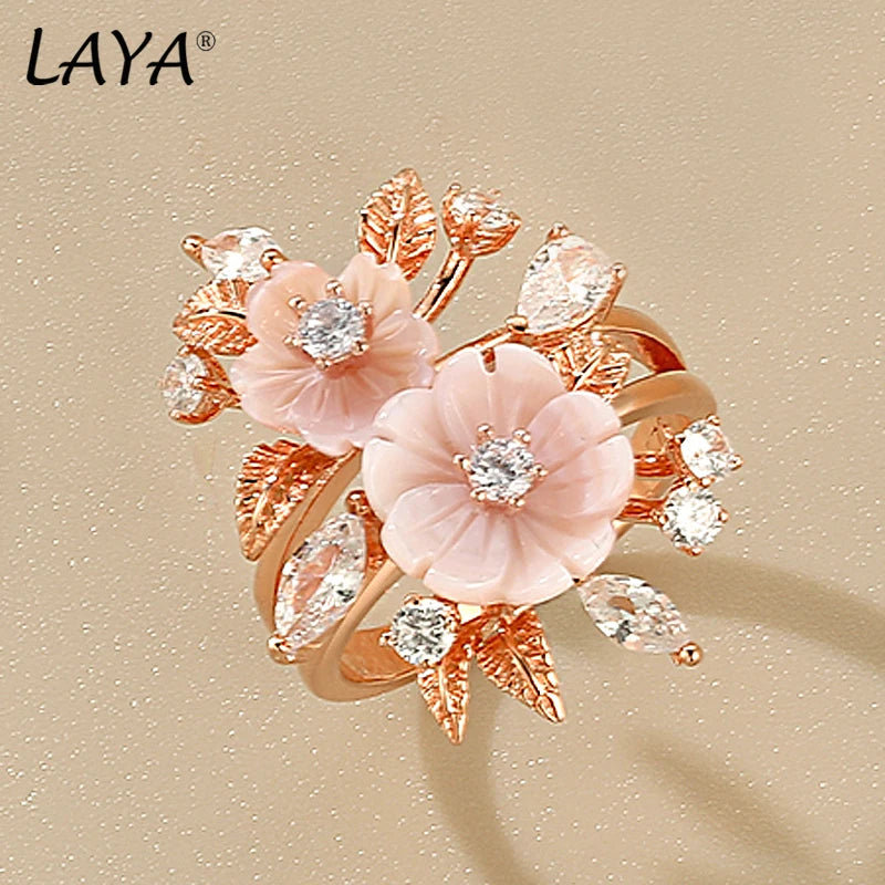 LAYA Ring 100% 925 Sterling Silver For Women Pink Shell Flower