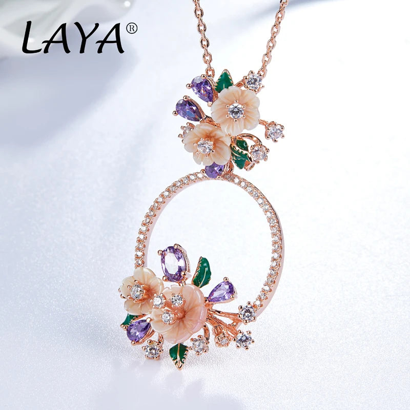 LAYA 925 Sterling Silver Fashion Natural Shell Flower Green Leaf