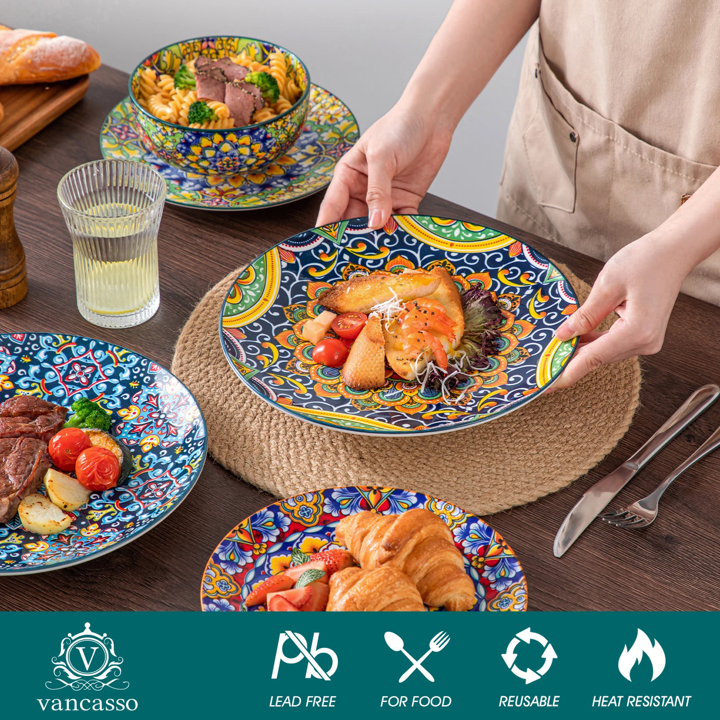 vancasso 12 Piece Ceramic Dinner Plate Double sided Painting Bohemian