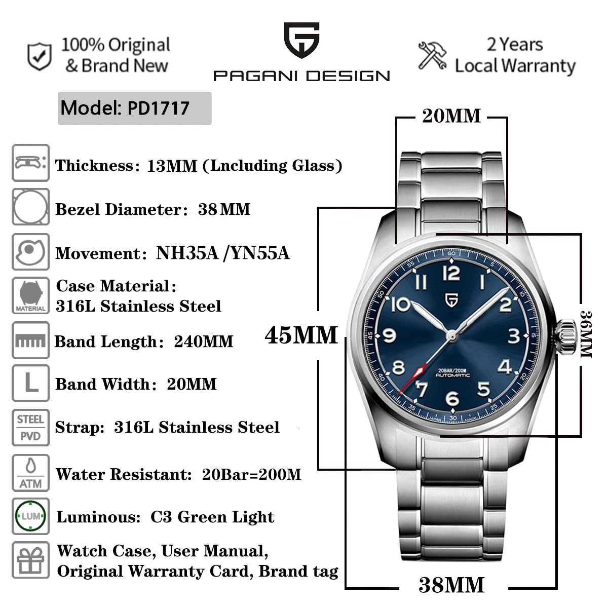 2024 New 38MM PAGANI Design Men's Pilot Automatic Mechanical Watch