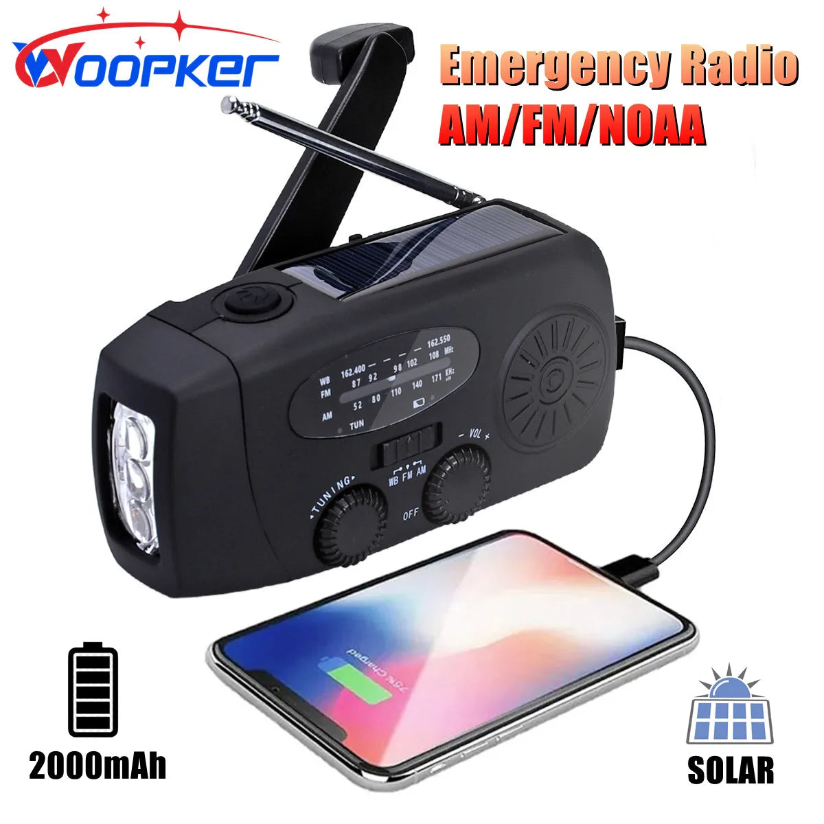 2000mAh Solar Hand Crank Radio Multifunctional LED Flashlight Power Bank