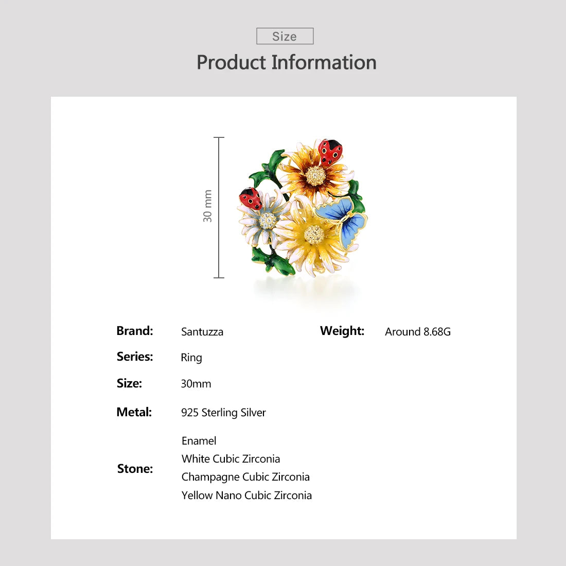 SANTUZZA 925 Sterling Silver Rings For Women Champagne Yellow