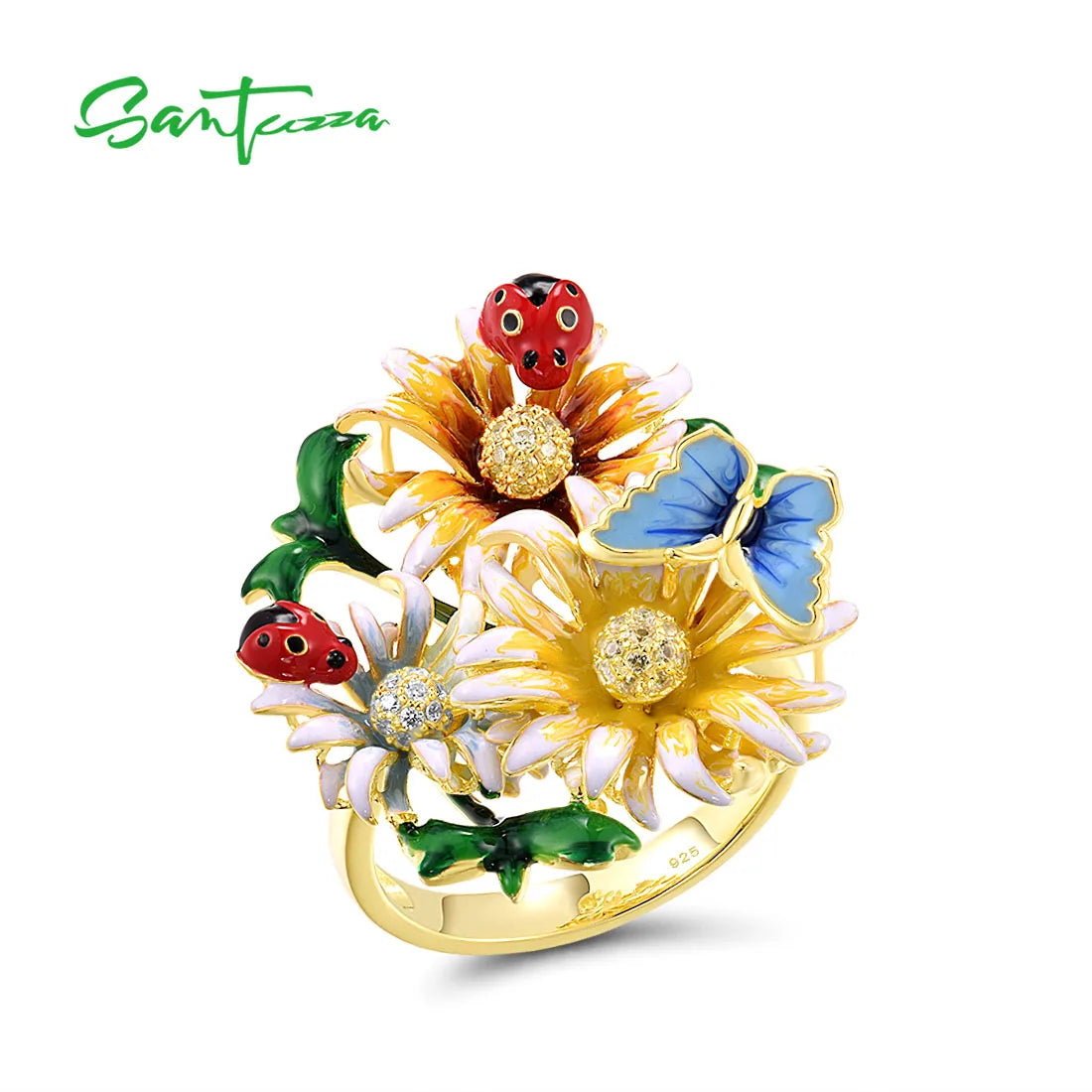SANTUZZA 925 Sterling Silver Rings For Women Champagne Yellow