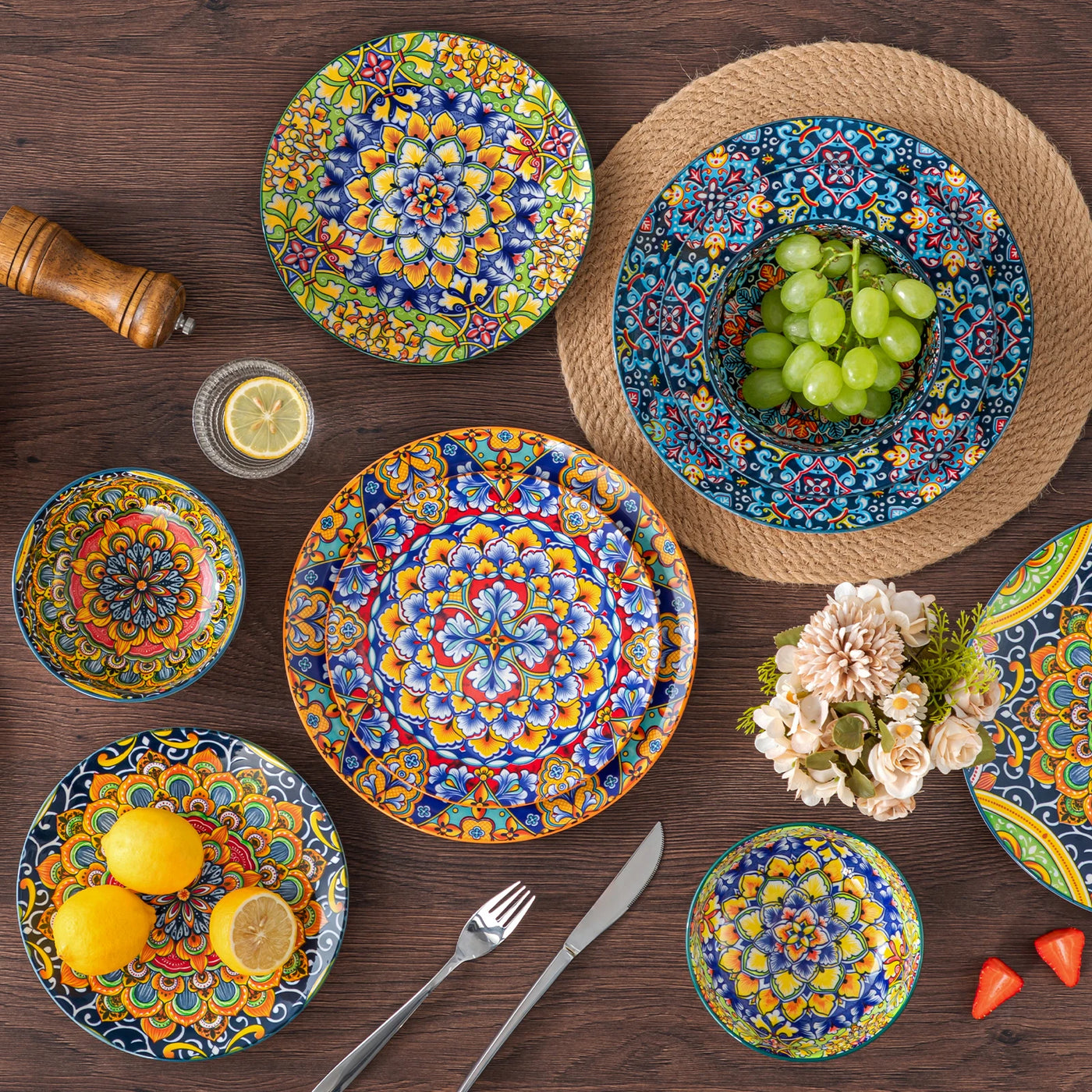 vancasso 12 Piece Ceramic Dinner Plate Double sided Painting Bohemian