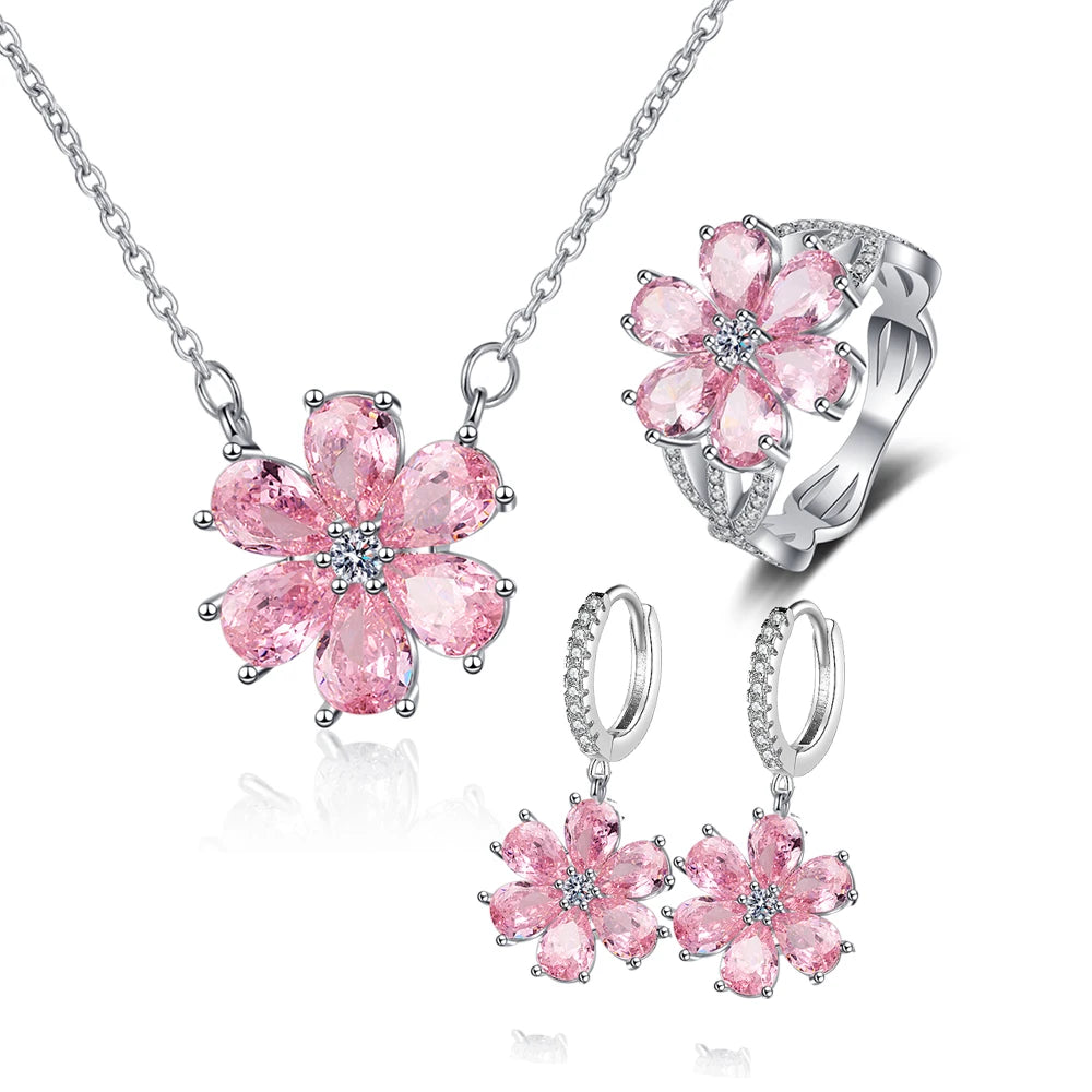S925 Silver Wedding Ring Women Pink Flower