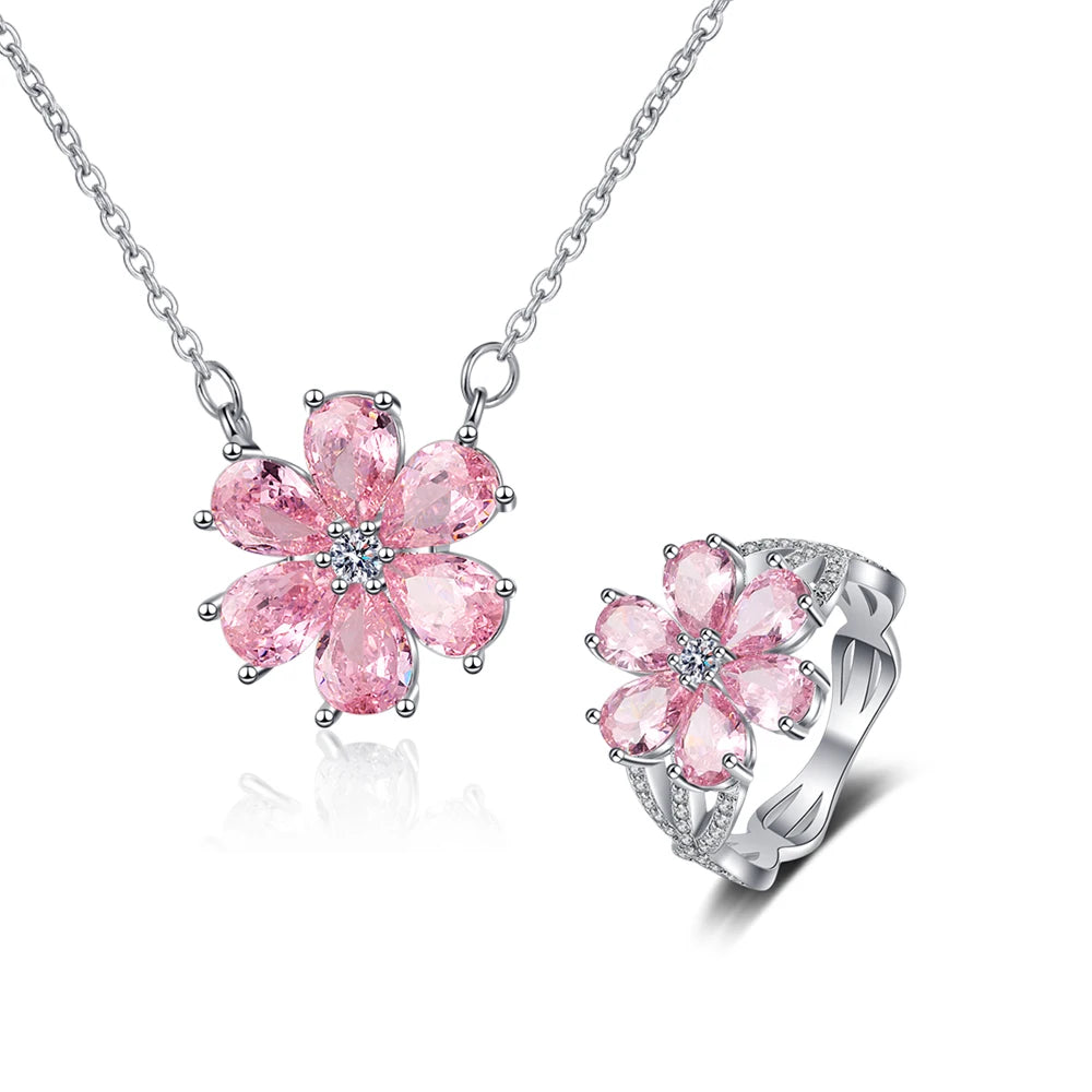 S925 Silver Wedding Ring Women Pink Flower