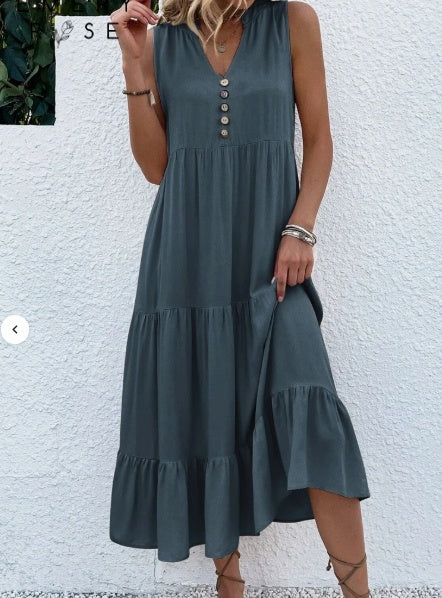 Women's Notched V-neck Ruffle Hem Dresses