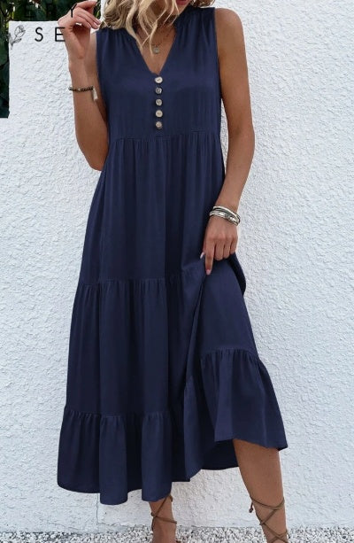 Women's Notched V-neck Ruffle Hem Dresses