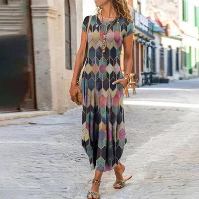 Round Neck Pocket Short Sleeve Trendy Printed Dress - Buy Buy Baby