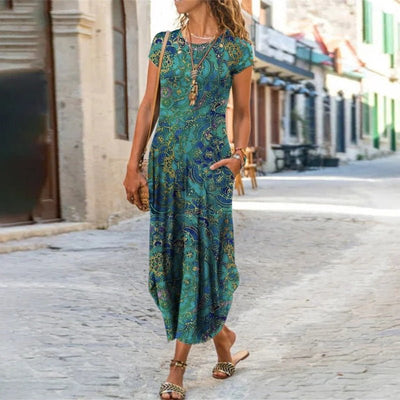 Round Neck Pocket Short Sleeve Trendy Printed Dress - Buy Buy Baby