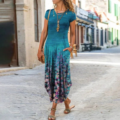 Round Neck Pocket Short Sleeve Trendy Printed Dress - Buy Buy Baby