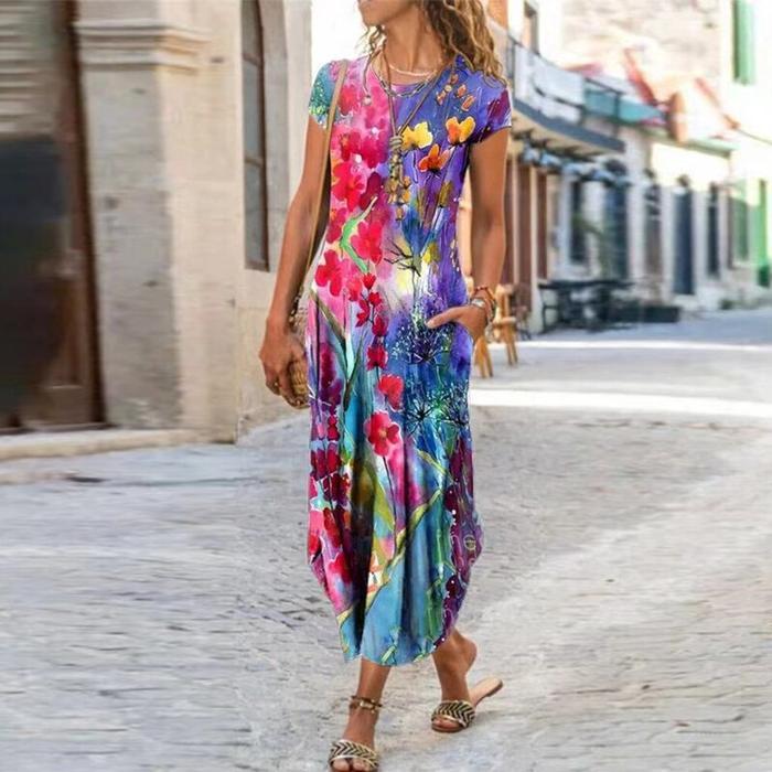 Round Neck Pocket Short Sleeve Trendy Printed Dress - Buy Buy Baby