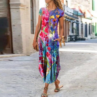 Round Neck Pocket Short Sleeve Trendy Printed Dress - Buy Buy Baby