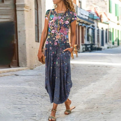 Round Neck Pocket Short Sleeve Trendy Printed Dress - Buy Buy Baby