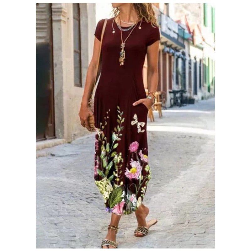 Round Neck Pocket Short Sleeve Trendy Printed Dress - Buy Buy Baby