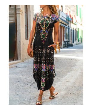 Round Neck Pocket Short Sleeve Trendy Printed Dress - Buy Buy Baby