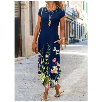 Round Neck Pocket Short Sleeve Trendy Printed Dress - Buy Buy Baby