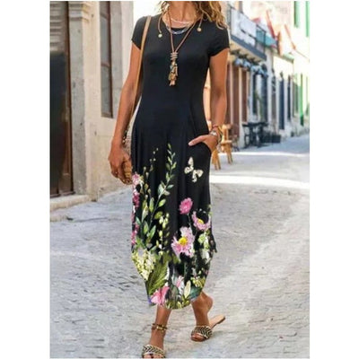 Round Neck Pocket Short Sleeve Trendy Printed Dress - Buy Buy Baby
