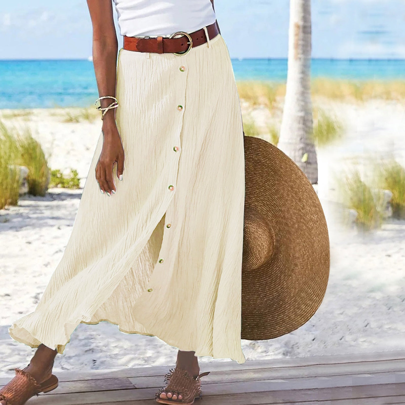 Women's Fashion Cotton Linen A - Line Hip Mid Waist Long Skirt - Buy Buy Baby